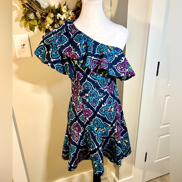 JOSIE NATORI One Shoulder Ruffled Peplum Hem Colorful Mini Dress Sz 6 - Picture 2 of 13